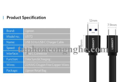 Ugreen 10696 0.5M màu đen Cáp USB TypeC sang USB 3.0 cáp dẹt US172 30010696